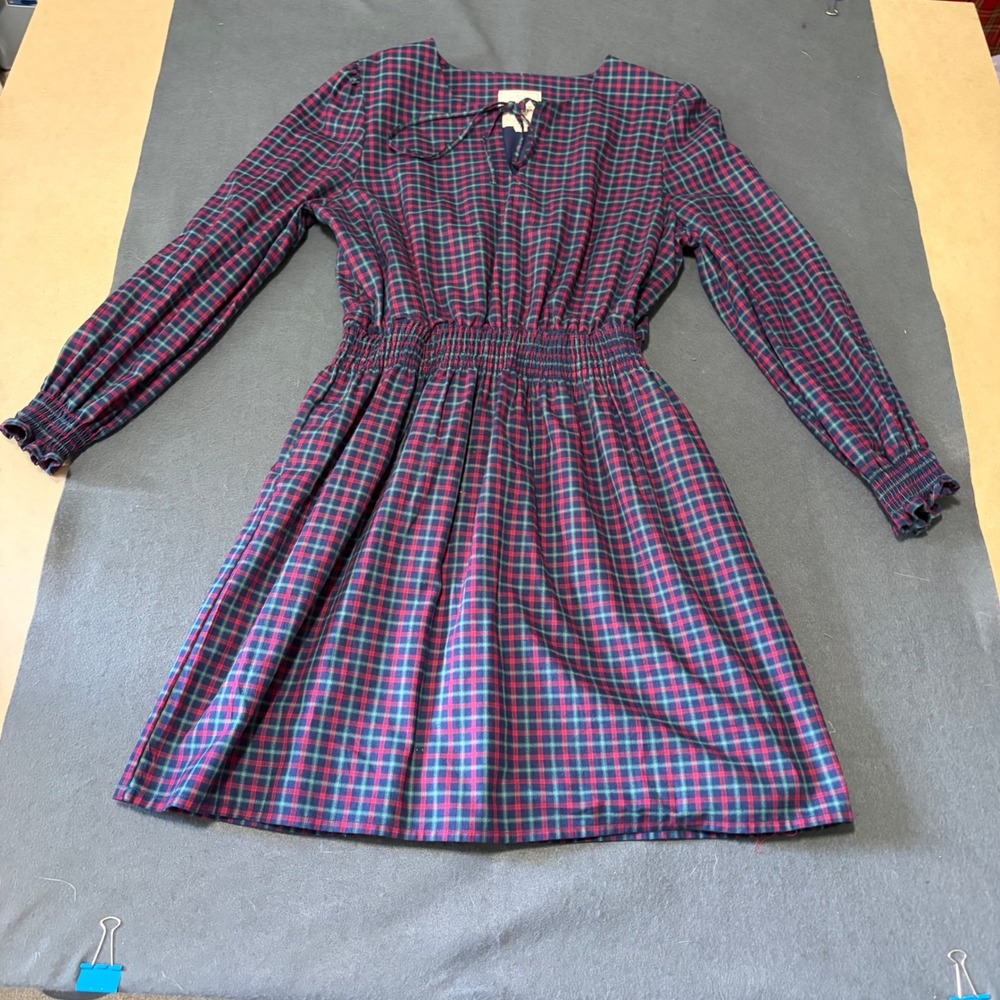 Hope & Henry Plaid Smock Dress Women 14 Red Navy Green Organic Cottage Core Fall